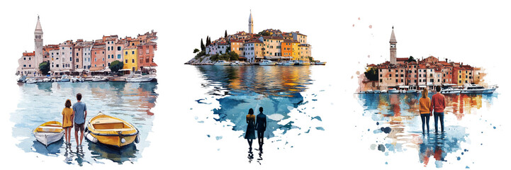 Set of A couple stands hand in hand at the Boat people float in the wate front, gazing at the picturesque Rovinj, Croatia isolated on a transparent background