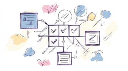 An illustration of a flowchart drawn in a playful doodle style, showcasing the steps in a planning process with arrows and icons.
