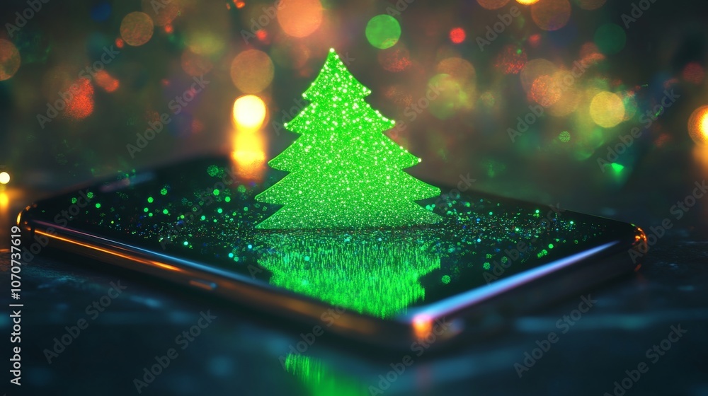 Poster Christmas Tree on Smartphone Screen with Bokeh Lights.