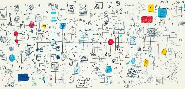 An illustration of interconnected doodles featuring flowcharts and icons representing innovative processes and conceptualization.
