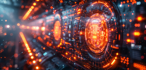 Futuristic space scene with glowing lights and a glowing circle in the center. The circle is surrounded by a series of smaller circles, all of which are glowing brightly. The scene is full of energy