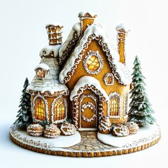 Gingerbread house standing on snow with lights shining in windows