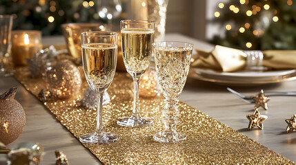 Glasses of champagne on table in room decorated for Christmas, closeup