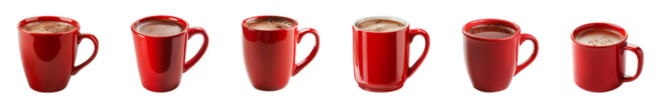 Red mug collection of hot chocolate isolated on white or transparent background, cutout PNG