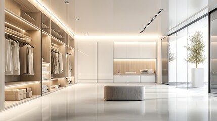 A spacious, bright changing room with minimalist design elements, including white walls, stylish storage, and tasteful decor, emphasizing luxury and comfort.