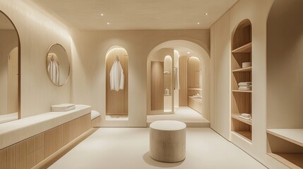 A spacious, bright changing room with minimalist design elements, including white walls, stylish storage, and tasteful decor, emphasizing luxury and comfort.