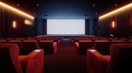 A spacious cinema room with rows of luxurious red seats facing a large blank screen, embodying the calm before the movie experience.