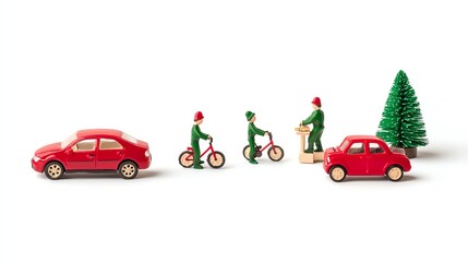 Fototapeta premium Elf team assembling miniature bikes and cars, festive workshop decor, isolated on white, toy assembly, Christmas elf scene