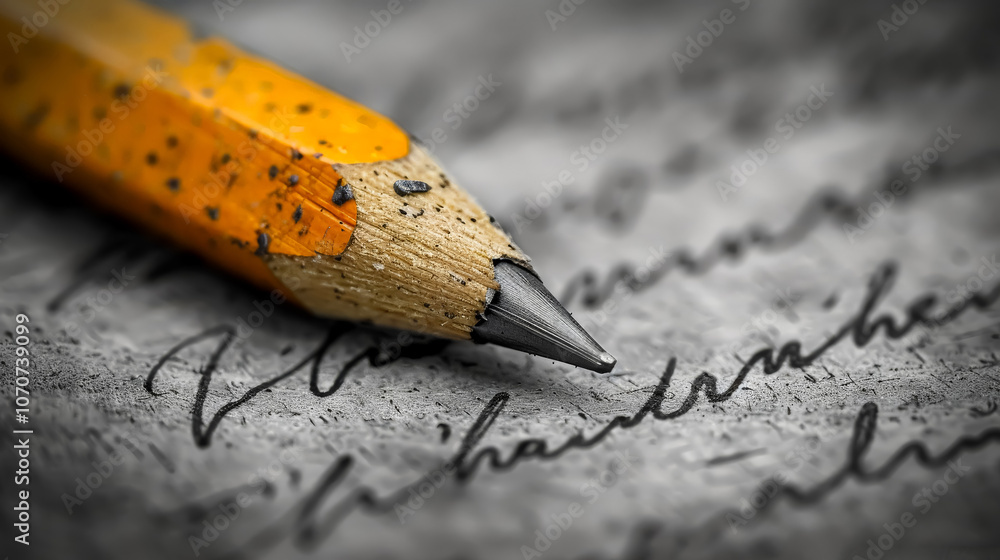 Aufkleber pencil is on a piece of paper with writing on it. the pencil is sharpened and has a pointy tip. the 