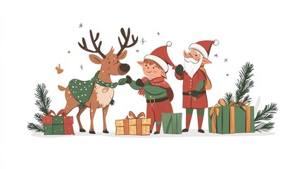 Fototapeta premium Elves placing festive blankets on reindeer in cozy holiday stable, warm seasonal colors, Santa s reindeer, holiday care