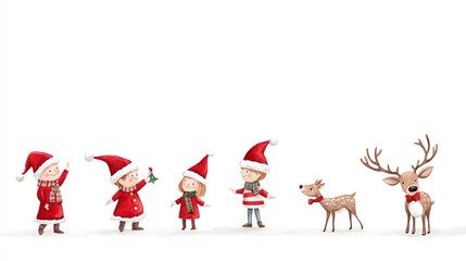 Fototapeta premium Elves playing with reindeer in snow, decorated antlers and bells, cozy holiday setting, Santa s helpers, Christmas reindeer