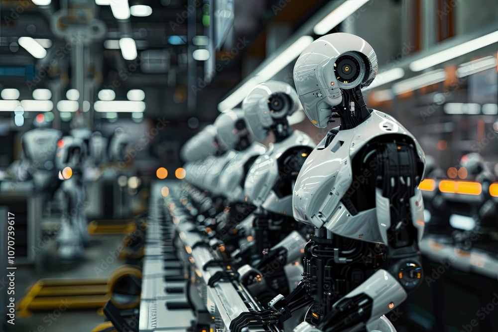 Poster assembly line of humanoid robots in a high-tech manufacturing facility showcasing advanced robotics 