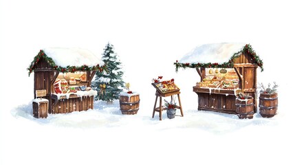 Holiday market in a snowy square, vendors with decorated stalls selling Christmas goods, warm holiday ambiance, Christmas market winter vendors