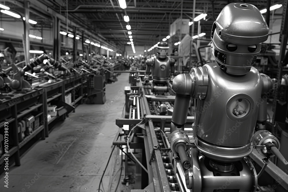 Poster robotic assembly line in a factory showcasing vintage robots engaged in manufacturing tasks during t