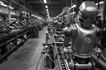 Robotic assembly line in a factory showcasing vintage robots engaged in manufacturing tasks during the daytime. Generative AI