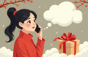 Online shopping for gifts for Christmas and New Year, girl with black hair orders gifts online by phone, next to her is a white cloud from a comic book with space for text