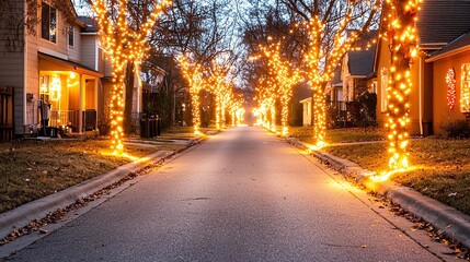 Neighborhood street adorned with vibrant Christmas lights, glowing trees, holidaythemed decorations on porches, warm winter ambiance, festive neighborhood Christmas lights