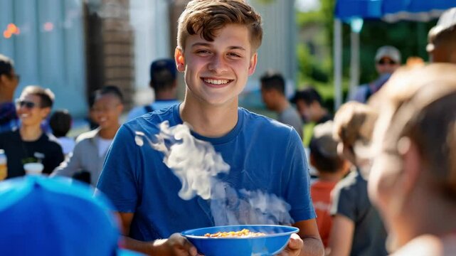 Smiling young man serving hot food at outdoor community event. Volunteer movement, helping homeless and needy