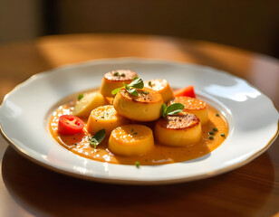A plate of breakfast on white clay plate on the table in luxury restaurant
