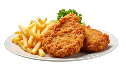 Schnitzel with French Fries on Transparent Background (PNG).
