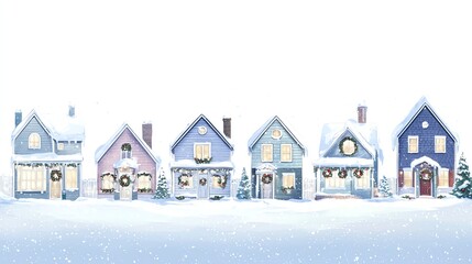 Naklejka premium Rows of houses decorated with lights and wreaths, soft snow falling, festive winter atmosphere in a neighborhood, Christmas neighborhood decorations