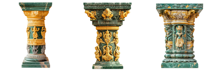 Set of A green, gold, yellow Indian Vedic pillar with intricate carvings of deities, column of marble of a indian temple isolated on a transparent background