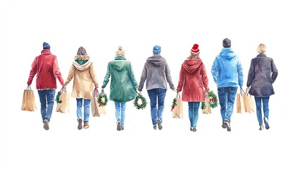 Fototapeta premium Shoppers carrying bags in festive mall, decorated with holiday wreaths and lights, Christmas shopping, crowded mall