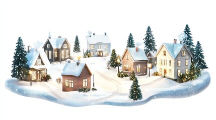 Small town neighborhood with Christmas lights, snowcovered rooftops and paths, glowing at twilight, small town Christmas scene