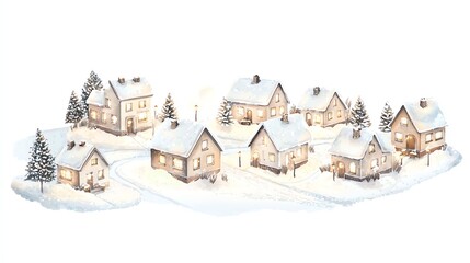 Small town neighborhood with Christmas lights, snowcovered rooftops and paths, glowing at twilight, small town Christmas scene
