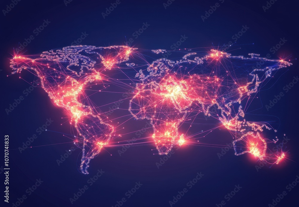 Poster abstract digital world map with global network connections on a blue background, representing an int