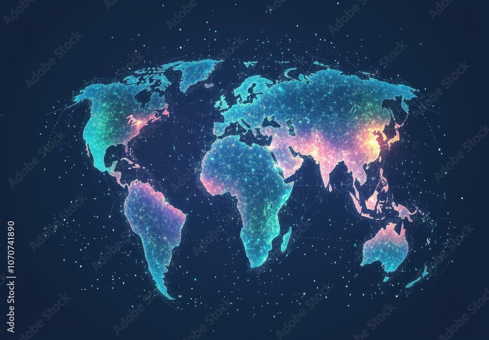 Aufkleber abstract digital world map with global network connections on a blue background, representing an int