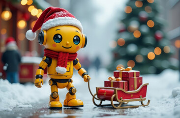 Cute robot dressed in Santa Claus hat and knitted scarf smiling, carrying a sled with Christmas gifts. Christmas fair atmosphere, street decorated for the holiday and Christmas tree in a blur