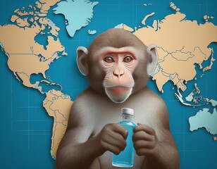 Monkey grasping bottle with blue liquid. background featuring a labeled world map. symbolizing scientific experiments, international research, medical discoveries, advancements in biological studies