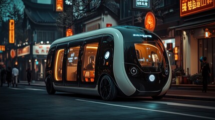 Futuristic autonomous electric bus driving on a city street at night.