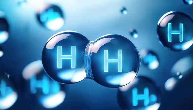 A close-up of hydrogen molecules in a 3D space with glowing symbols
