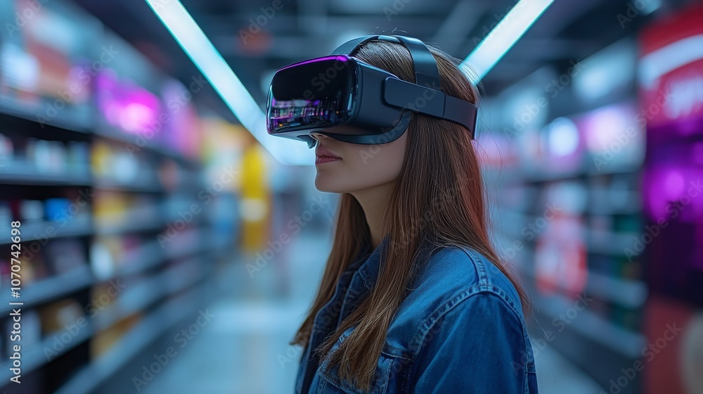 Poster virtual assistant engages users with a vr headset in a modern tech store aisle
