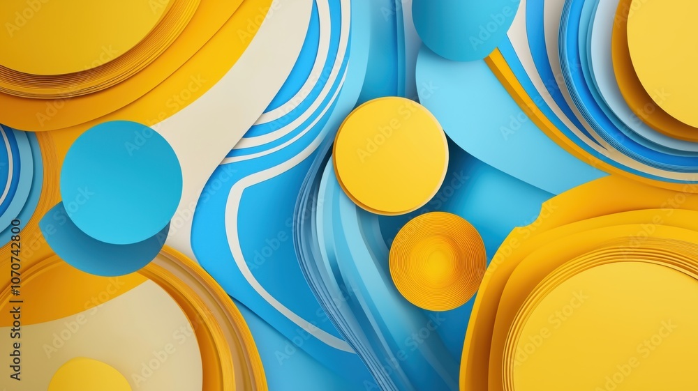 Poster colorful abstract background with layers of blue, yellow, and cream shapes, creating a dynamic visua