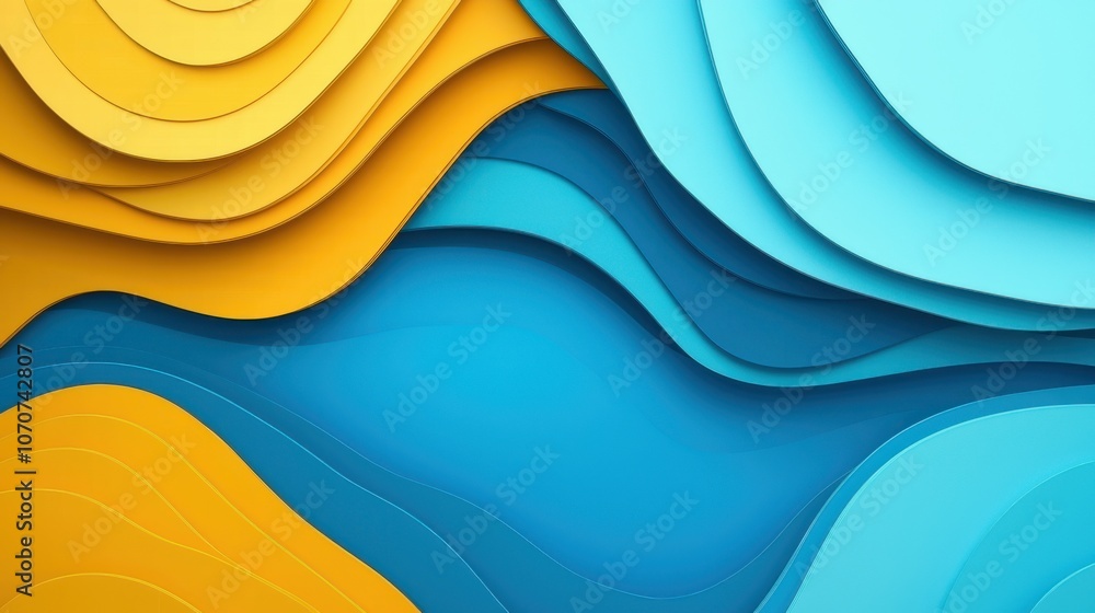 Poster abstract design featuring layered waves of yellow and blue colors creating a vibrant and modern back