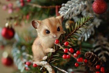 Adorable dormouse nestled in festive christmas tree with red ornaments
