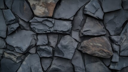 Textured wall made of irregular black stones in a modern architectural design