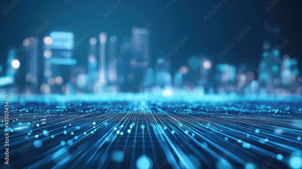 Poster a dynamic city landscape with glowing blue lines representing digital data streaming across the grou