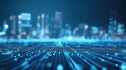A dynamic city landscape with glowing blue lines representing digital data streaming across the ground at night in a futuristic urban setting