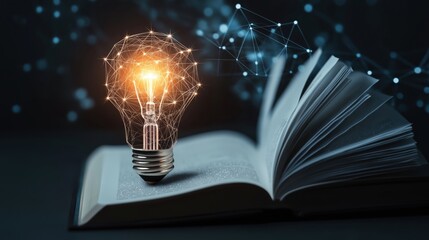 A glowing light bulb illuminates an open book surrounded by abstract digital connections and a dark background at night