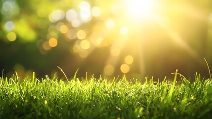 Obraz premium Close-up of Lush Green Grass with Sunlit Bokeh Background