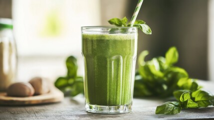 Refreshing green smoothie with mint and almonds prepared in a sunlit kitchen