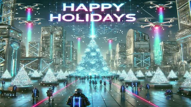 Sfondo animato futuristico con scritta Happy Holidays e la neve che scende