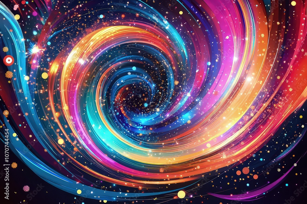 Aufkleber an abstract new year's eve banner with swirls of color and glittering shapes, creating a sense of mo