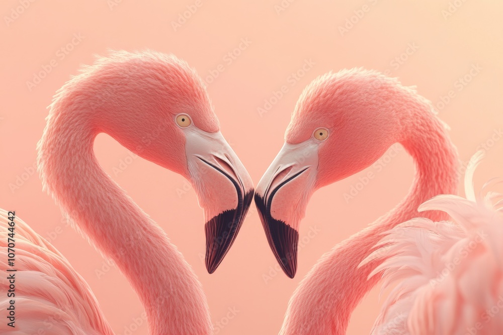 Poster two pink flamingos face each other, their necks forming a heart shape, against a pastel peach backgr
