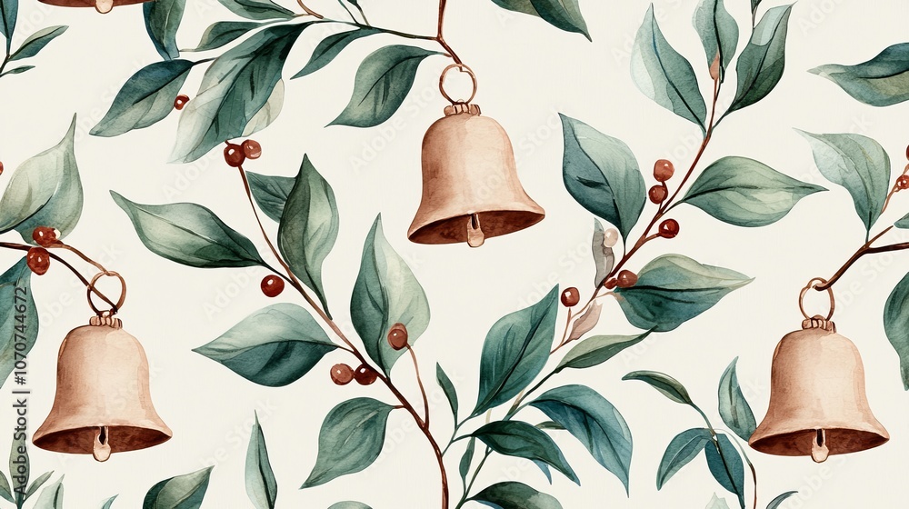 Wall mural Watercolor Bells and Greenery Pattern.