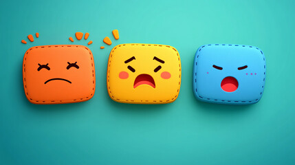 Cartoon emoticons in colorful rectangle chat bubbles, each showing a different emotion, ideal for school projects and banners